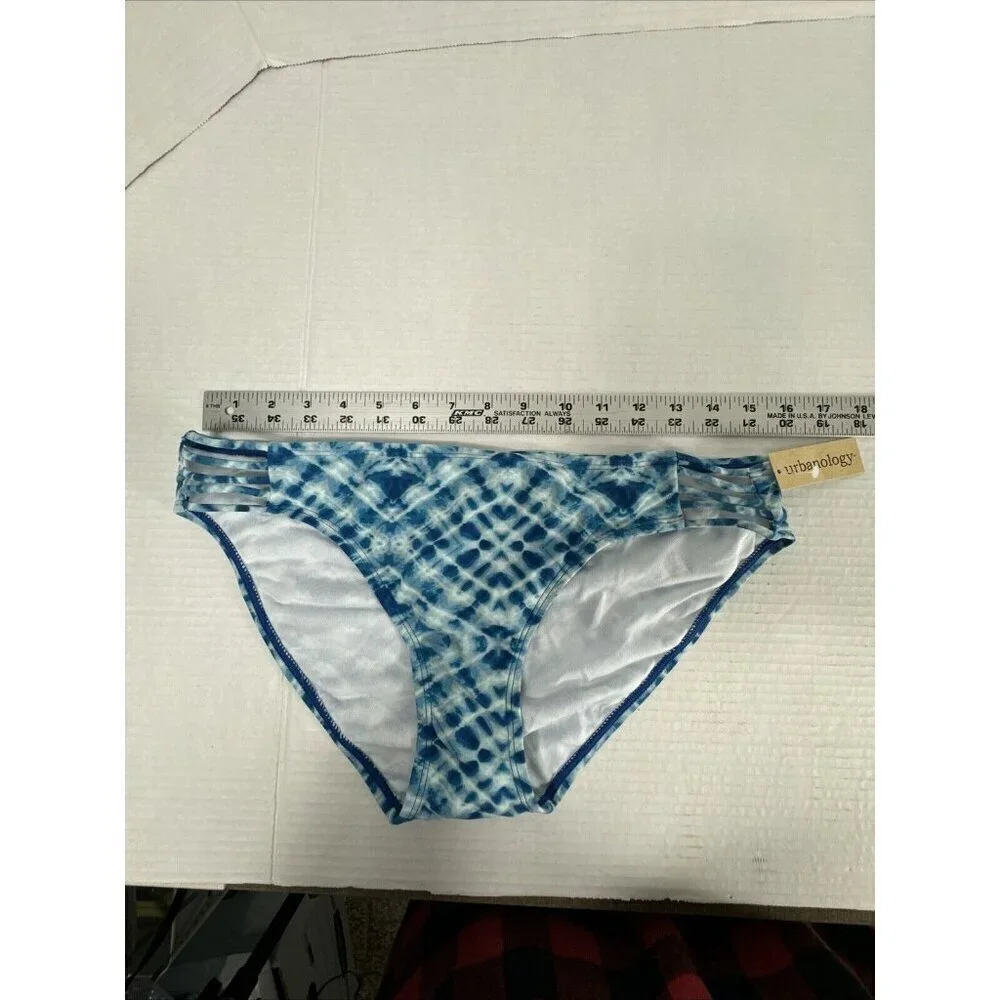 Urbanology Women's L Strappy Side Bikini Swim Bottom Blue White‎ NWT